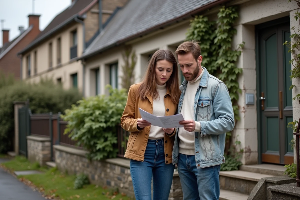 Couple de potentiels acheteurs examinant une maison en mâchefer lors d'une visite avant enchères immobilières