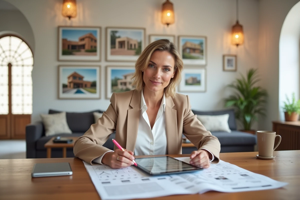 Femme investisseur consultant des annonces immobilières dans une agence à Marrakech