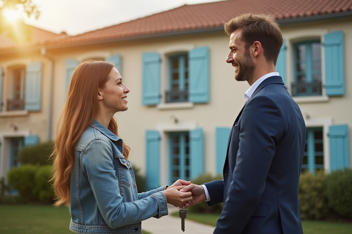 Agent immobilier remettant les clés devant une maison traditionnelle