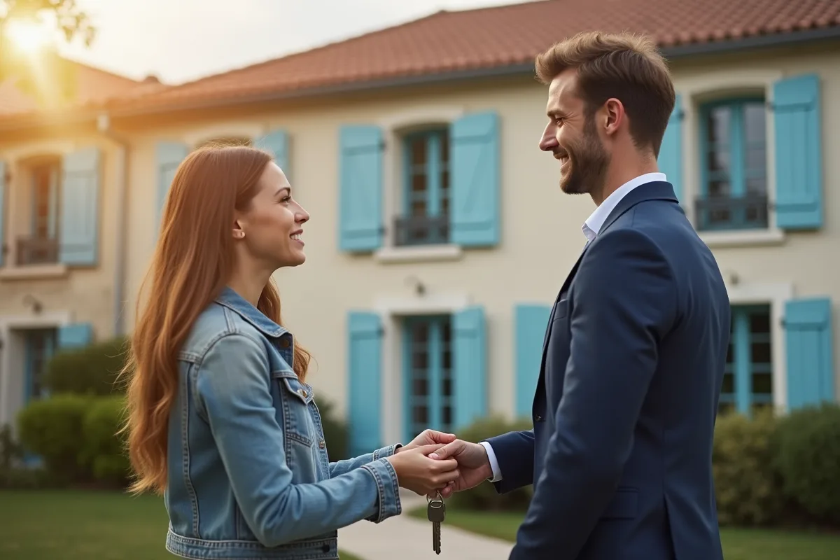Agent immobilier remettant les clés devant une maison traditionnelle