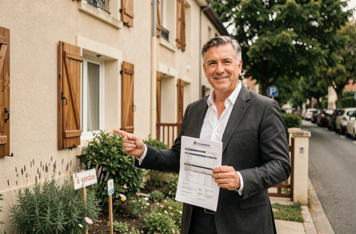 Agent immobilier présentant un rapport d'estimation de maison devant une propriété française à vendre