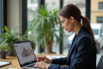 Agent immobilier utilisant un logiciel d'estimation de travaux avant vente sur ordinateur portable dans un bureau moderne