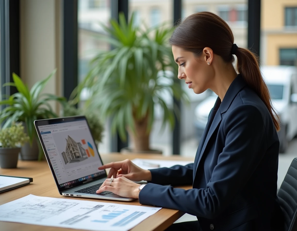 Agent immobilier utilisant un logiciel d'estimation de travaux avant vente sur ordinateur portable dans un bureau moderne