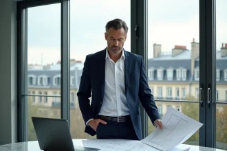 Agent immobilier de luxe analysant des plans de propriété dans une agence moderne à Paris, illustrant le service haut de gamme de la famille Kretz