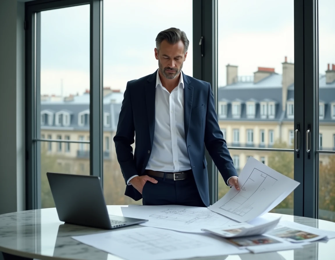 Agent immobilier de luxe analysant des plans de propriété dans une agence moderne à Paris, illustrant le service haut de gamme de la famille Kretz