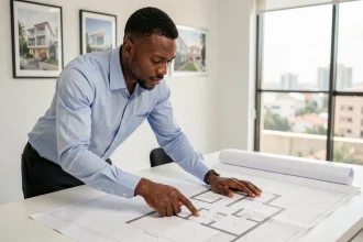 Agent immobilier sénégalais examinant les plans d'un appartement à vendre sur plan à Dakar dans une agence moderne