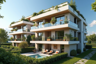 Immeuble moderne avec balcons et verdure en France 2025