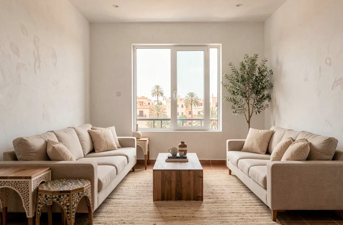 Salon moderne d'un appartement à vendre à Guéliz, Marrakech, avec décoration marocaine contemporaine et vue sur la ville