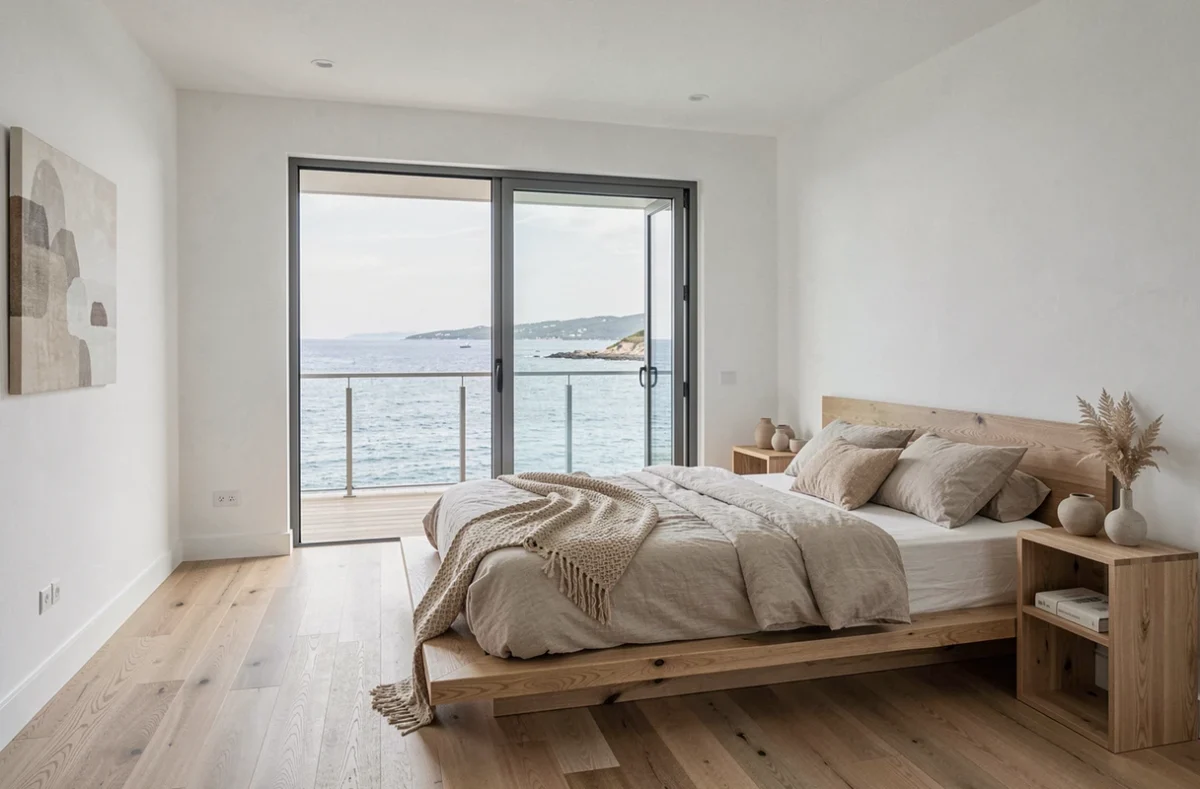Intérieur d'un appartement vue sur mer meublé et prêt pour la location saisonnière en bord de côte