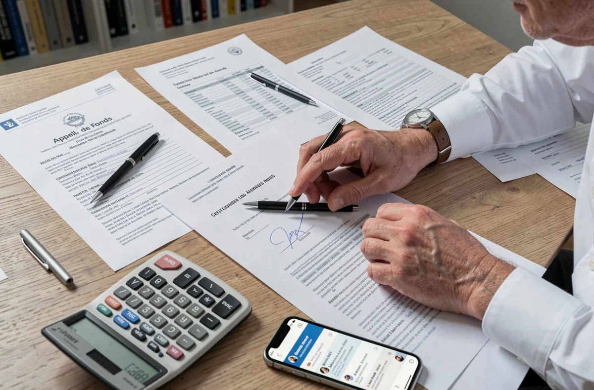 Copropriétaire examinant un appel de fonds pour travaux avec documents financiers et calculatrice sur bureau