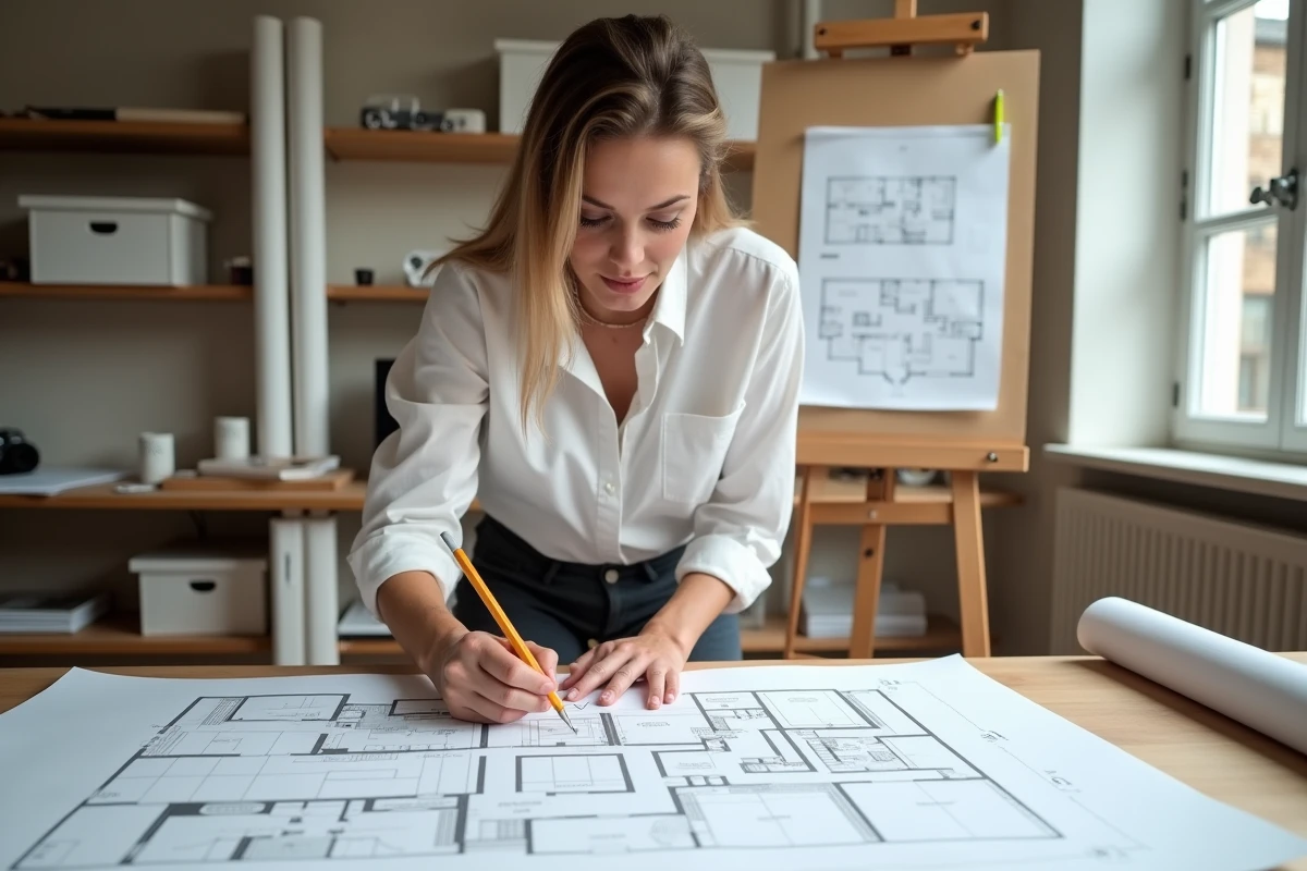 Architecte féminine étudiant un plan de maison sur un terrain de 6 ares avec règle et annotations techniques