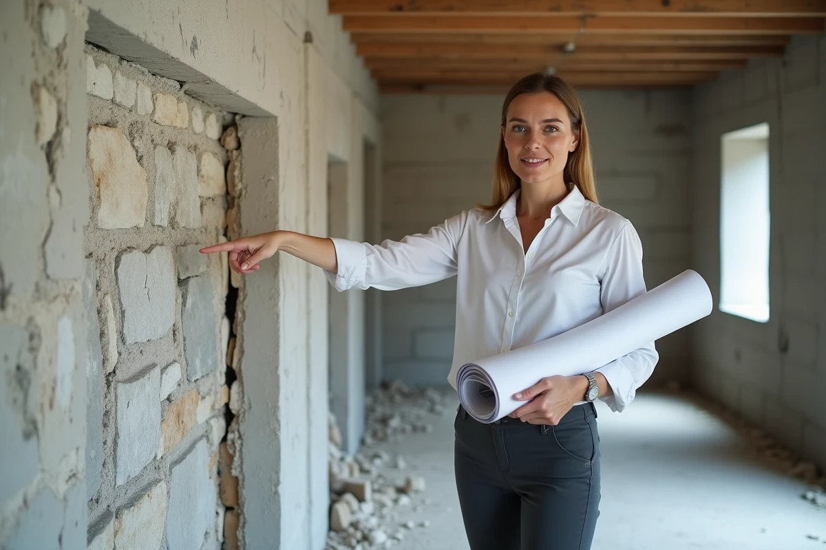Architecte supervisant des travaux de consolidation de fondations à l'intérieur d'une maison rénovée