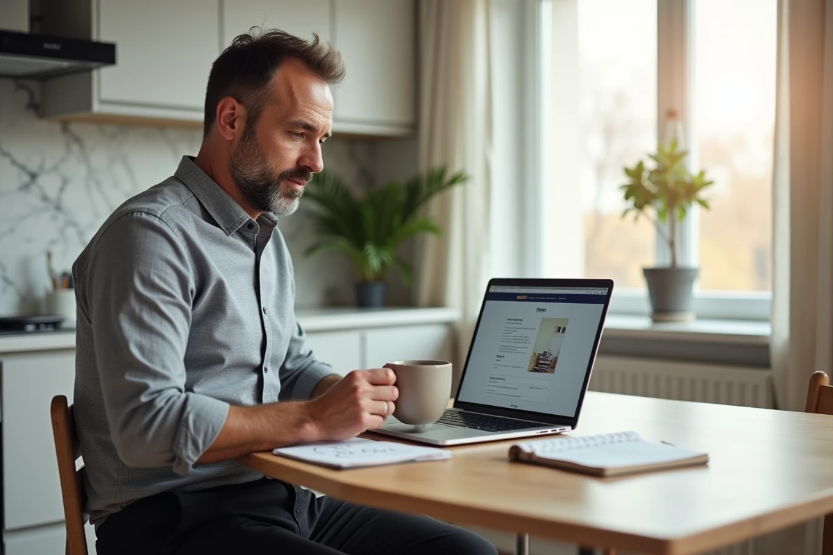 Homme évaluant les avis LOC services versus agences traditionnelles depuis son domicile avec un ordinateur portable
