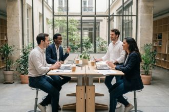 Groupe de professionnels en espace de coworking flexible à Paris, bureaux modulables et cadre Haussmannien