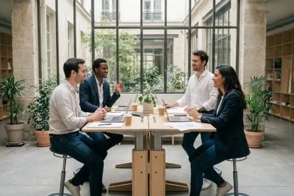 Groupe de professionnels en espace de coworking flexible à Paris, bureaux modulables et cadre Haussmannien