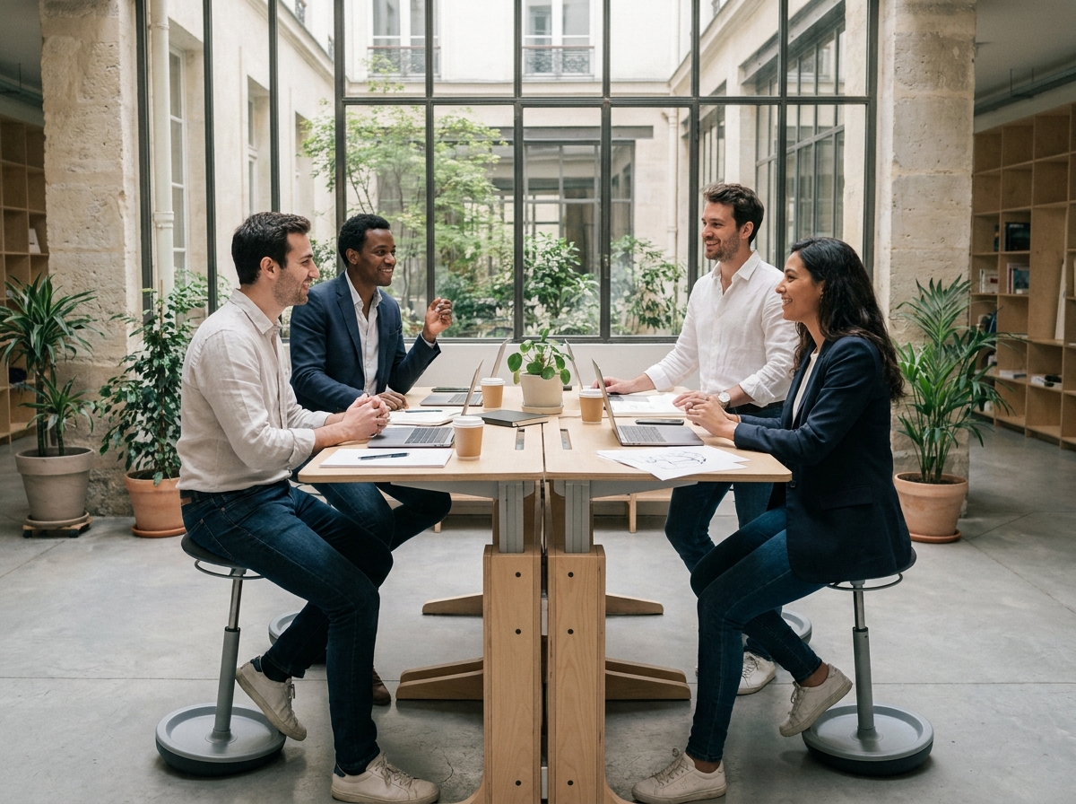 Groupe de professionnels en espace de coworking flexible à Paris, bureaux modulables et cadre Haussmannien