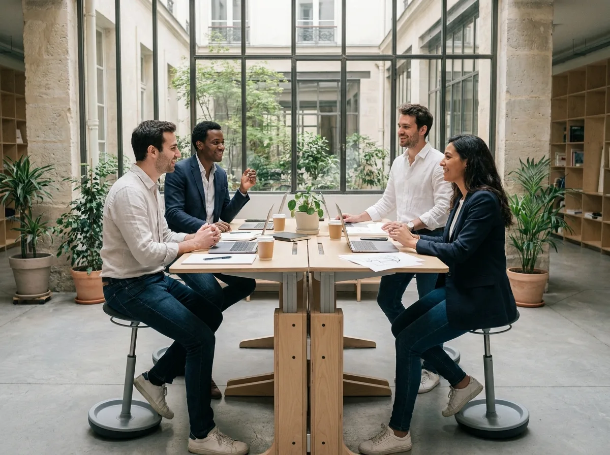 Groupe de professionnels en espace de coworking flexible à Paris, bureaux modulables et cadre Haussmannien
