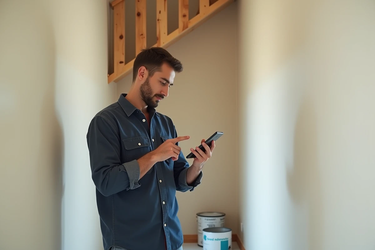 Homme utilisant une calculatrice en m2 sur smartphone pour estimer la quantité de peinture nécessaire dans un couloir rénové