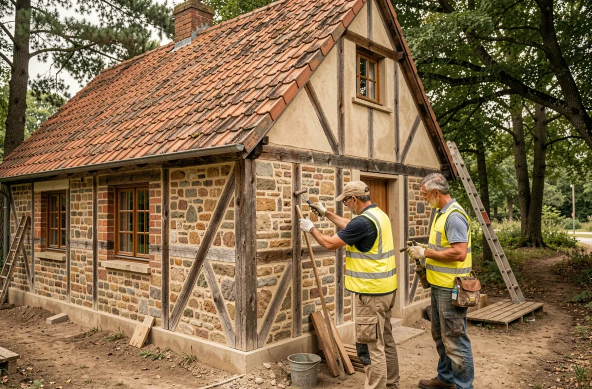 Maison individuelle en construction avec artisans locaux landais examinant les détails de la façade en pierre et bois