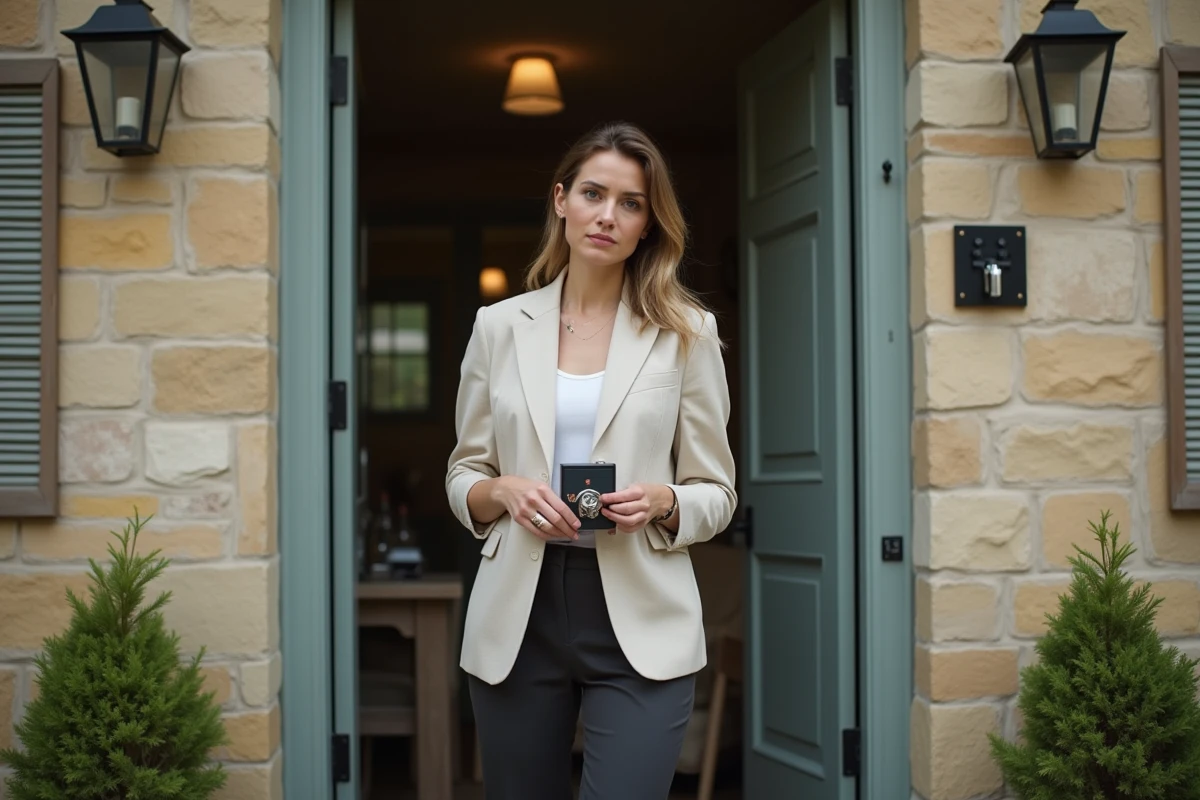 Femme tenant une nouvelle serrure et des clés devant la porte d'entrée d'un logement saisonnier en pierre