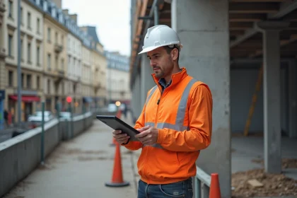 Chef de chantier consultant une tablette à l'entrée d'un chantier parisien avec échafaudages et immeubles haussmanniens en arrière-plan