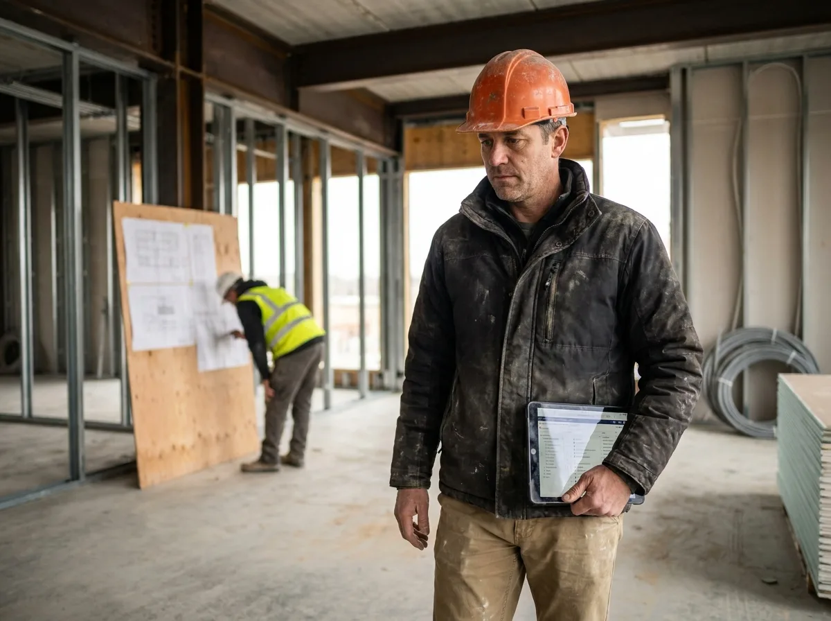 Responsable de projet immobilier sur chantier de bâtiment commercial consultant une interface BIM sur tablette numérique