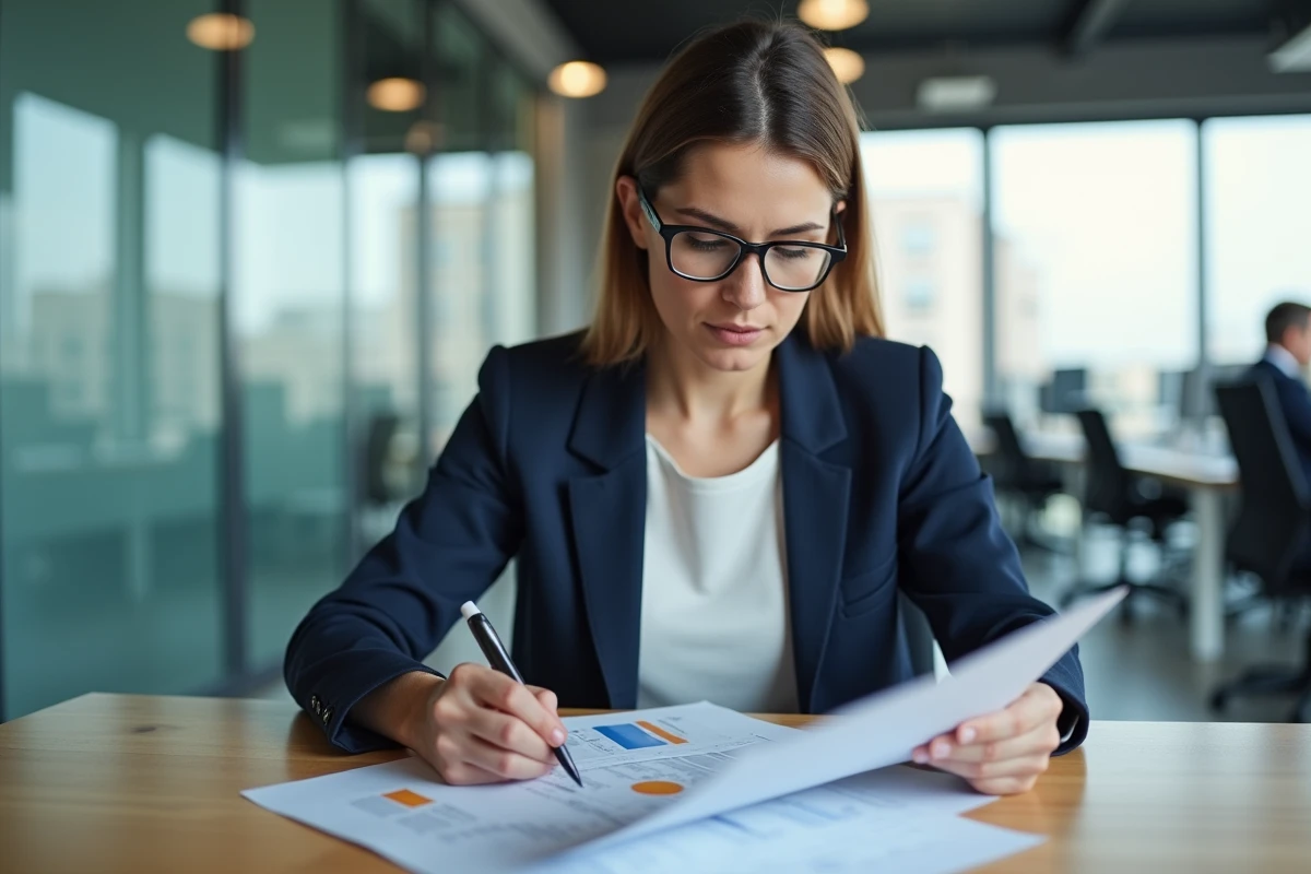 Femme professionnelle comparant des documents de services LOC face aux agences classiques dans un bureau moderne