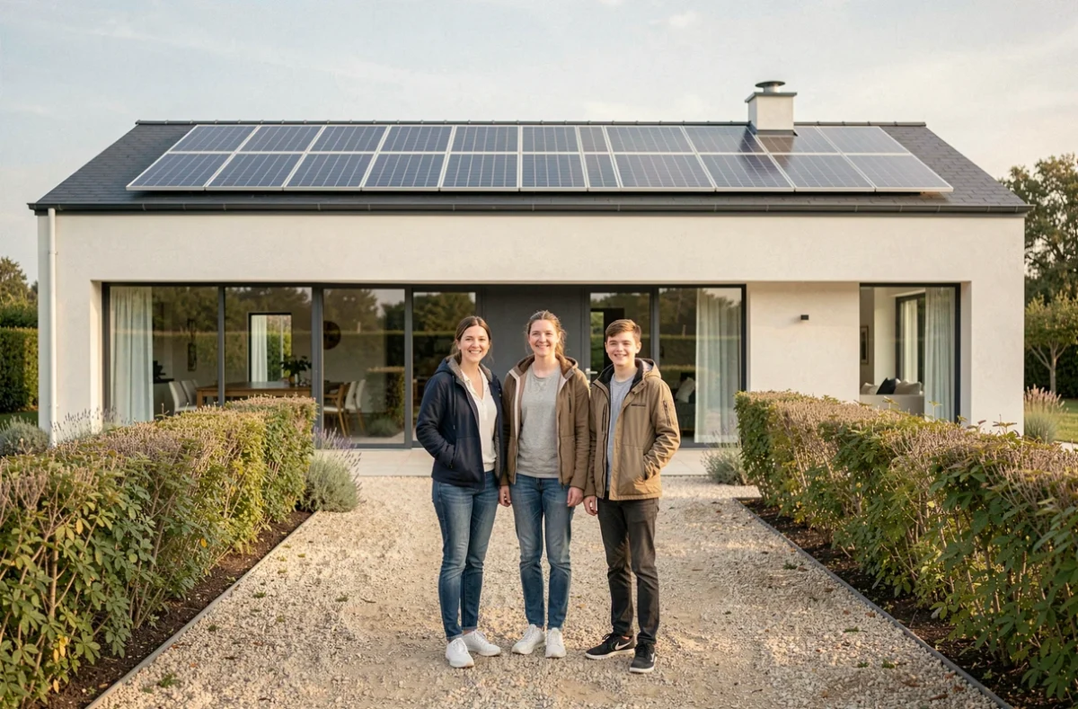Maison individuelle moderne et économe en énergie construite par Conforéco avec panneaux solaires et famille devant la façade