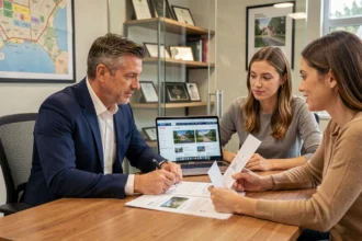 Conseiller immobilier local présentant des documents à un couple dans une agence classique