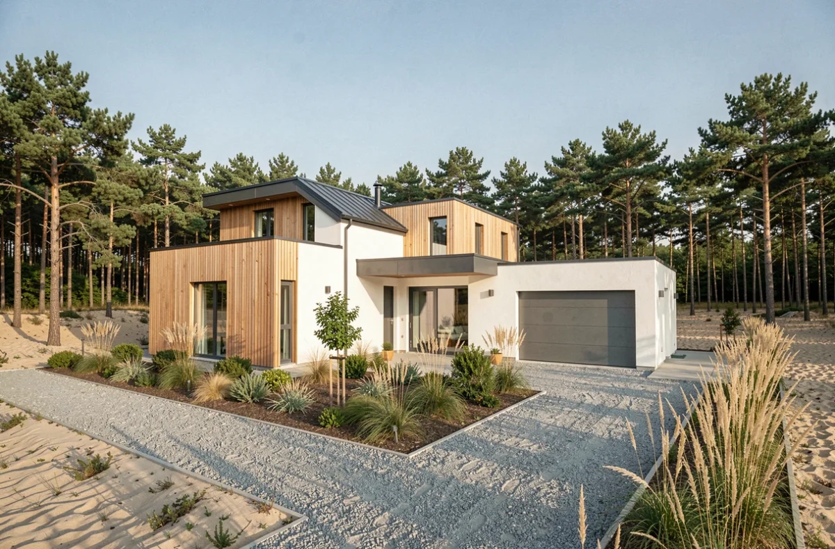 Maison individuelle moderne construite dans les Landes, entourée de forêts de pins landaises