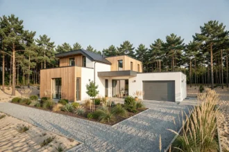 Maison individuelle moderne construite dans les Landes, entourée de forêts de pins landaises