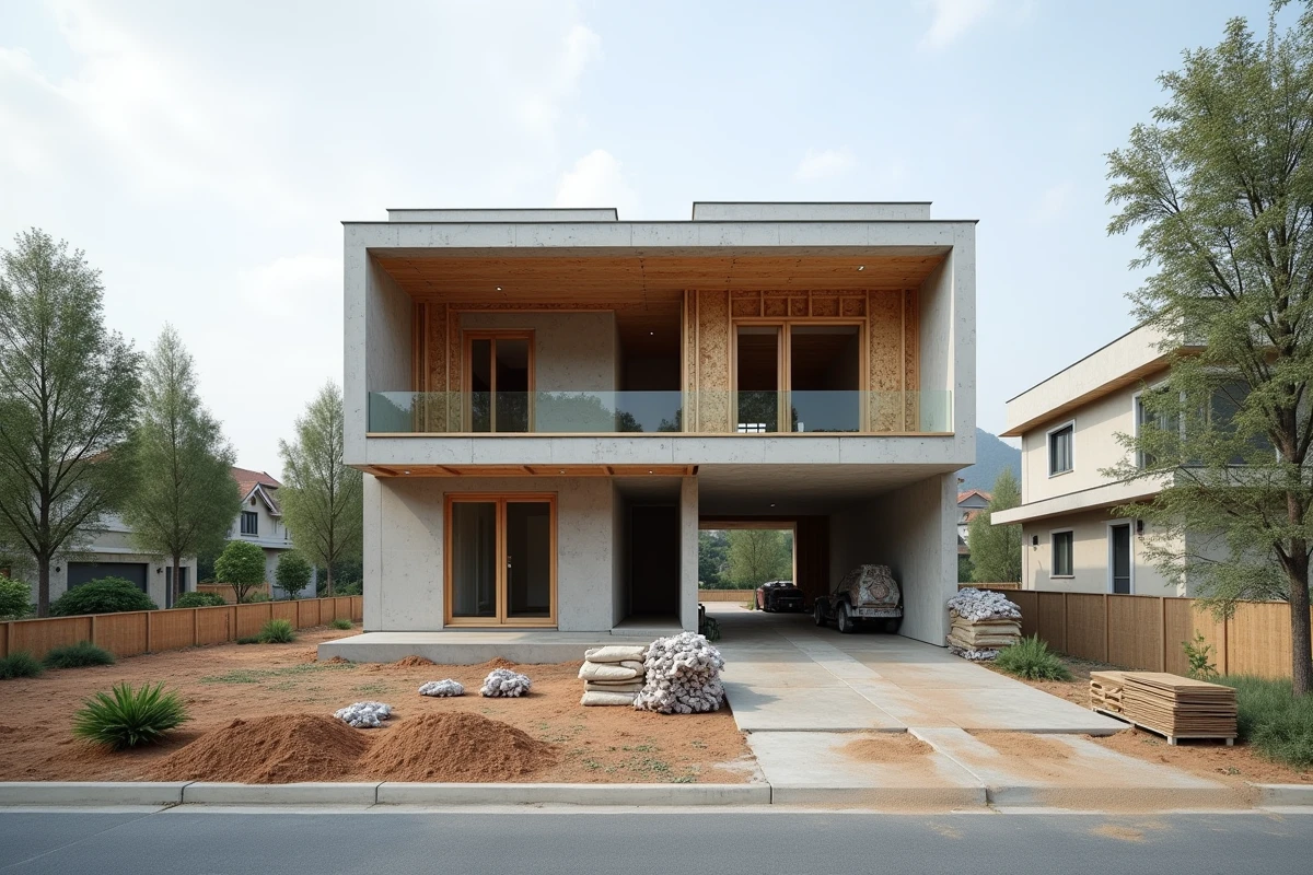 Maison individuelle en construction sur un terrain de 6 ares avec charpente en bois visible et matériaux de chantier