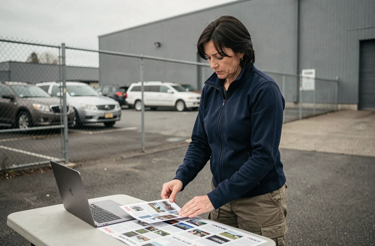 Femme consultant un catalogue d'enchères de box abandonnés sur un ordinateur portable dans un parking de garde-meuble