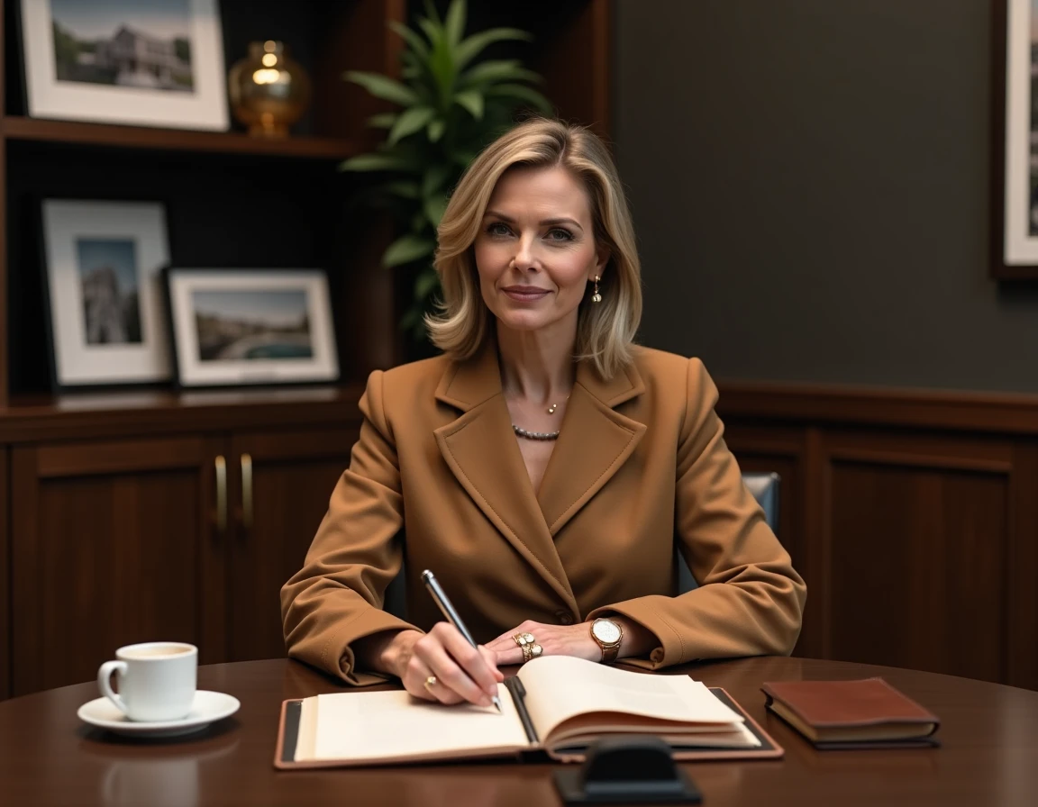 Cliente aisée en consultation immobilière privée dans une salle de réunion luxueuse, représentant l'expérience client premium de Kretz Family Real Estate