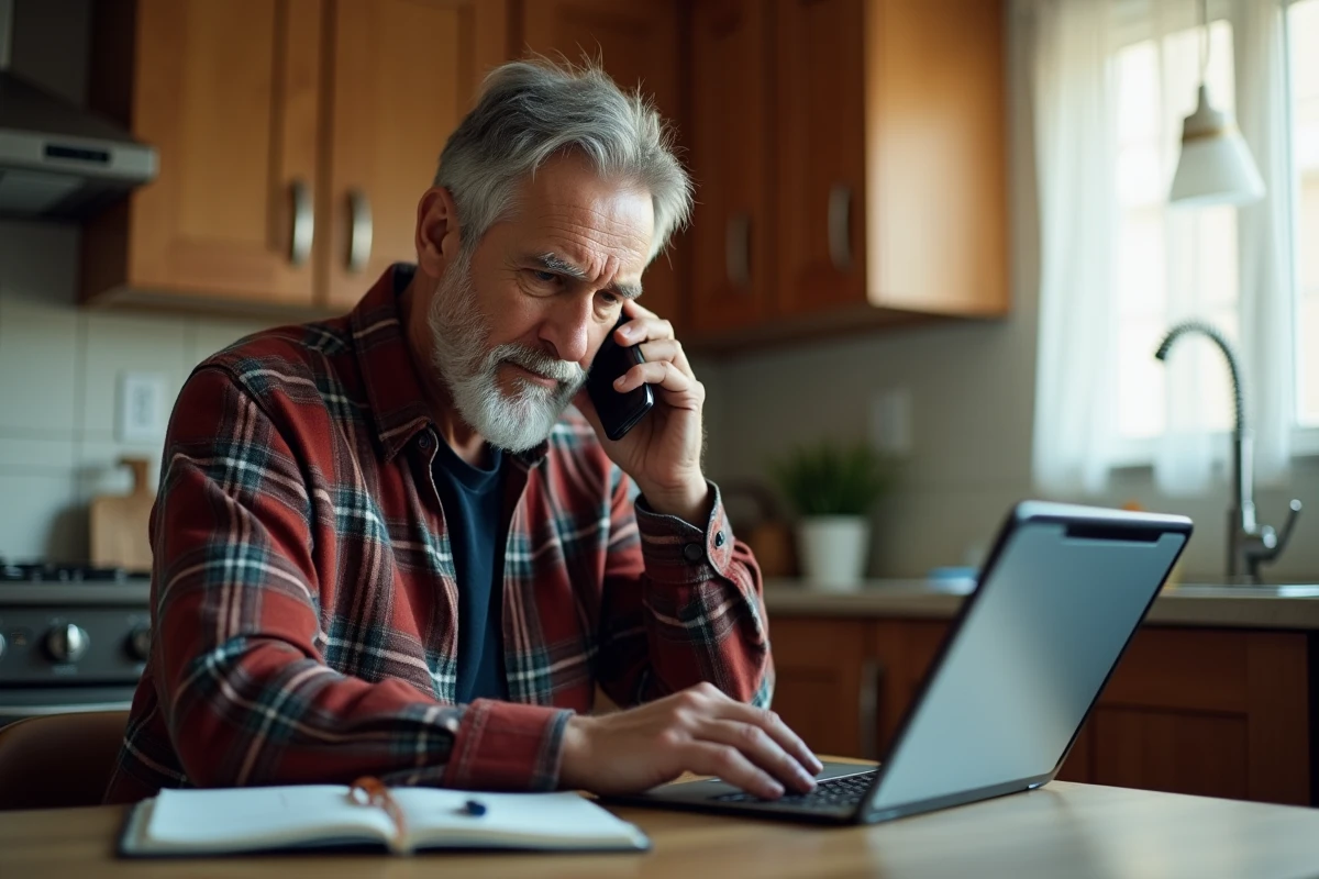 Homme âgé contactant le service client IAD par téléphone lors d'une panne internet