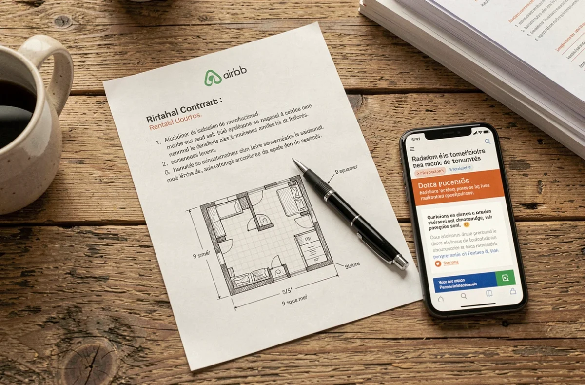Contrat de location Airbnb posé sur un bureau avec un plan de chambre inférieure à 9m² et un smartphone affichant la réglementation française