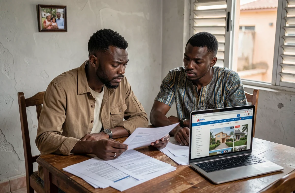 Couple sénégalais étudiant une offre d'achat d'appartement sur plan à Dakar depuis leur domicile