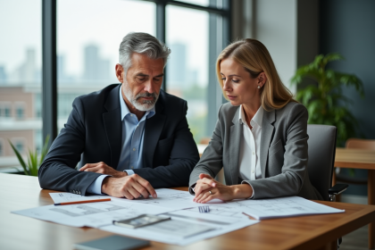 Couple d'adultes en réunion immobiliere dans un bureau moderne
