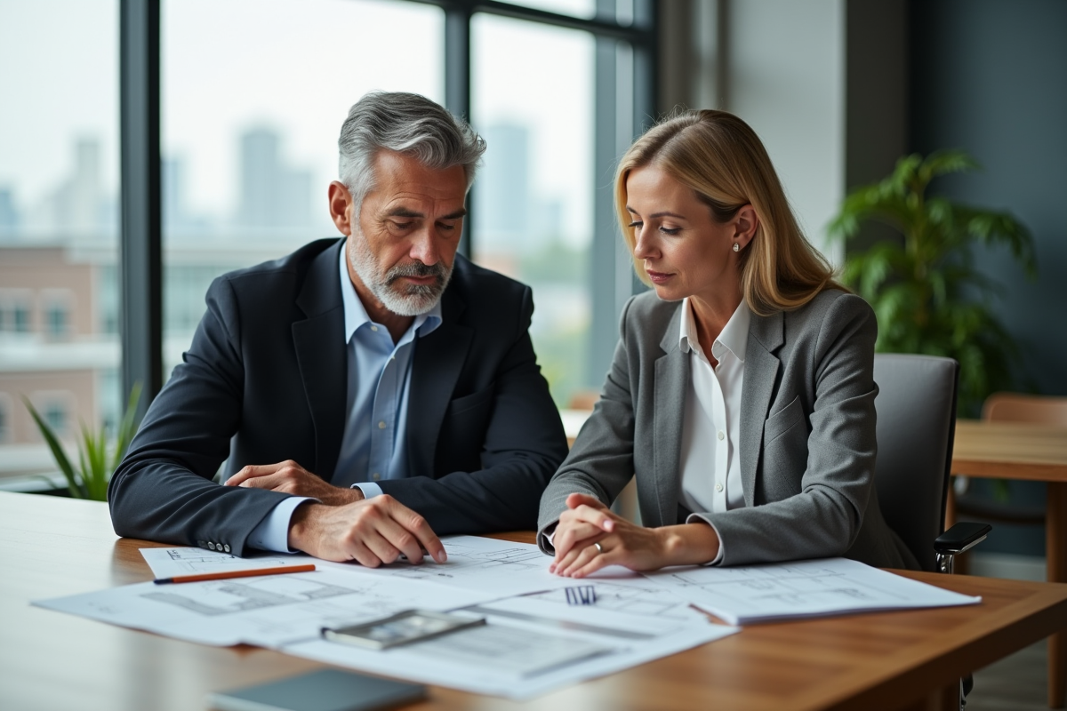 Couple d'adultes en réunion immobiliere dans un bureau moderne