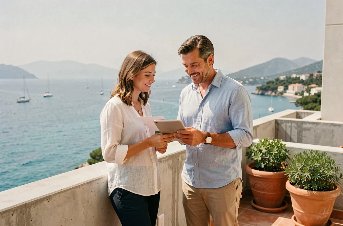 Couple examinant des documents immobiliers sur la terrasse d'un appartement vue sur mer en bord de Méditerranée