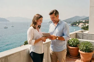 Couple examinant des documents immobiliers sur la terrasse d'un appartement vue sur mer en bord de Méditerranée