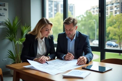 Couple professionnel examinant des plans dans une agence immobiliere