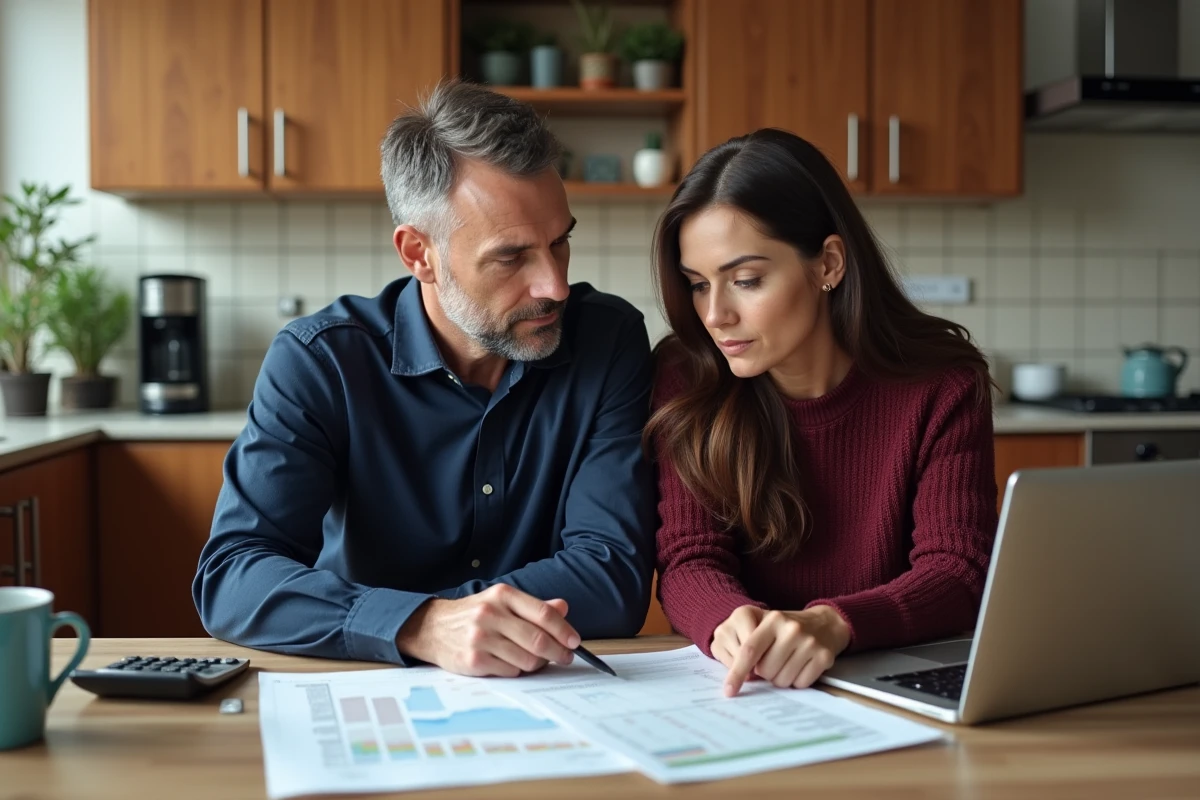 Couple calculant leur capacité d'emprunt pour un crédit immobilier de 200 000 euros à la maison