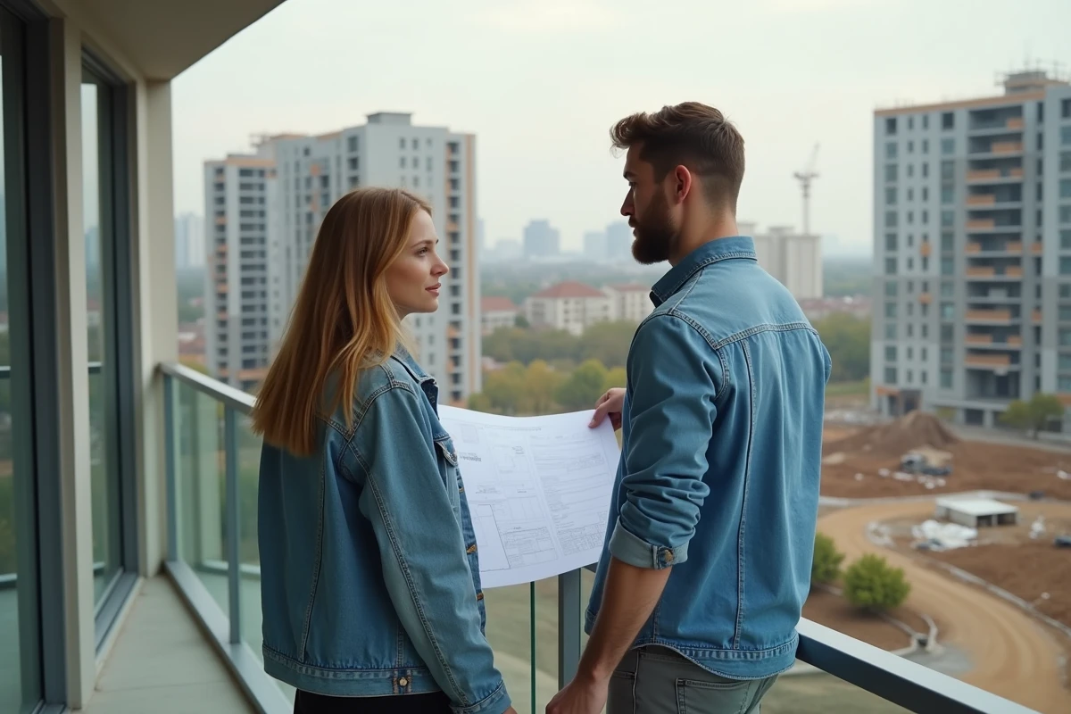 Jeune couple discutant sur un balcon en construction