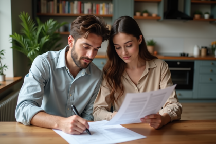 Couple examine un contrat de location dans un appartement chaleureux