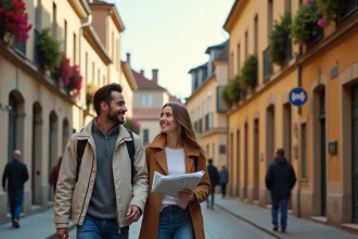 Jeune couple explorant une rue pavée d'un quartier de Metz avec une carte de la ville en main