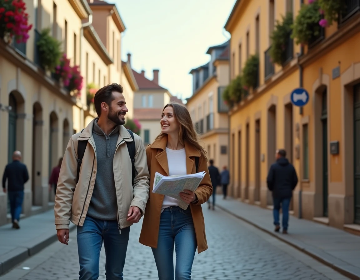 Jeune couple explorant une rue pavée d'un quartier de Metz avec une carte de la ville en main