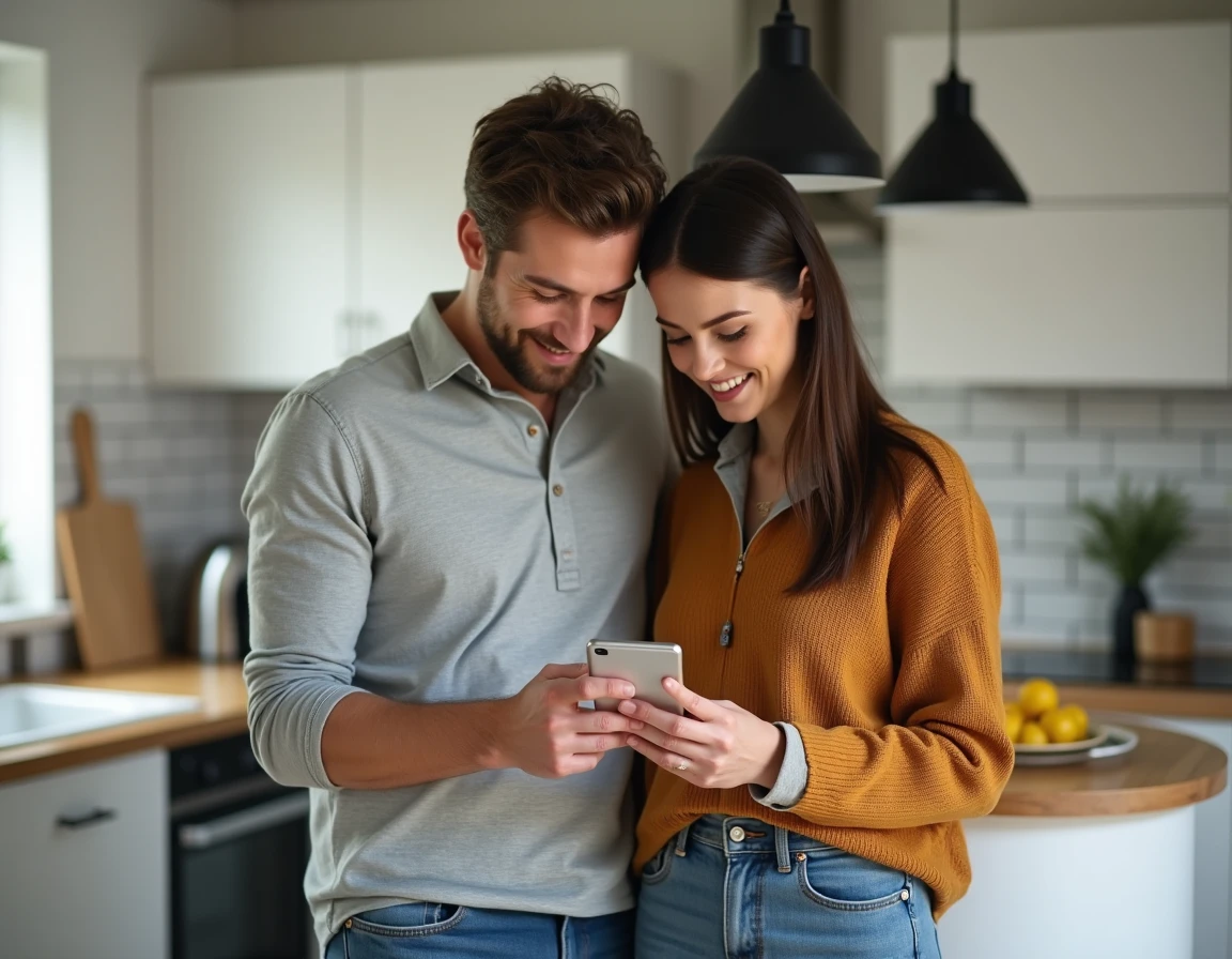 Couple consultant leurs documents locatifs Myfoncia sur smartphone dans une cuisine moderne