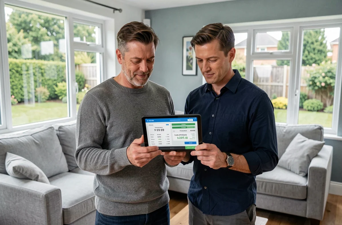 Couple consultant une plateforme d'estimation immobilière sur tablette dans leur salon pour préparer la vente de leur maison