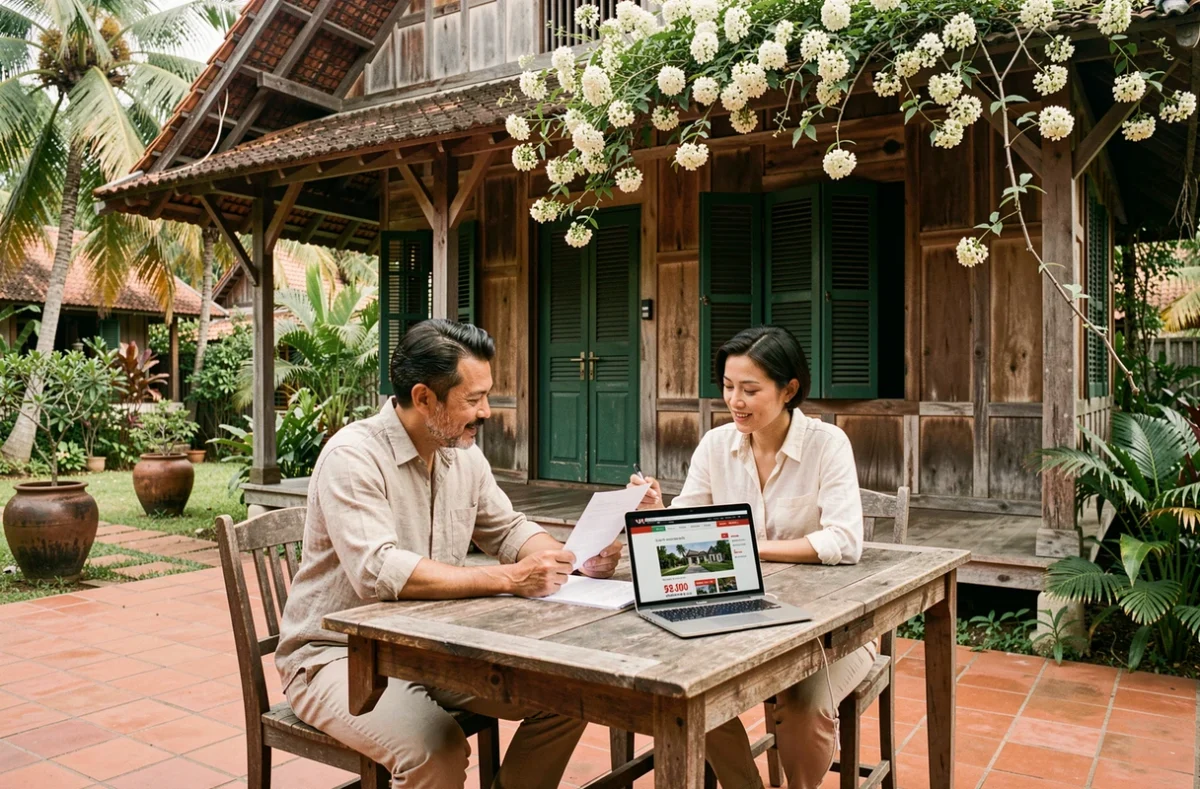 Couple d'expatriés étudiant des annonces de maisons à vendre en Thaïlande à petit prix dans le jardin d'une propriété traditionnelle thaïe